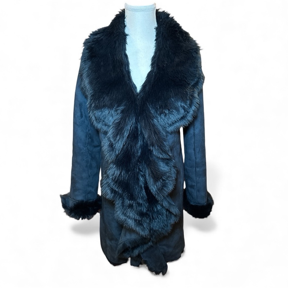 Donna Salyers Fabulous Furs Navy Cascading Faux Fur Coat Jacket XS Luxe Winter - Picture 2 of 16